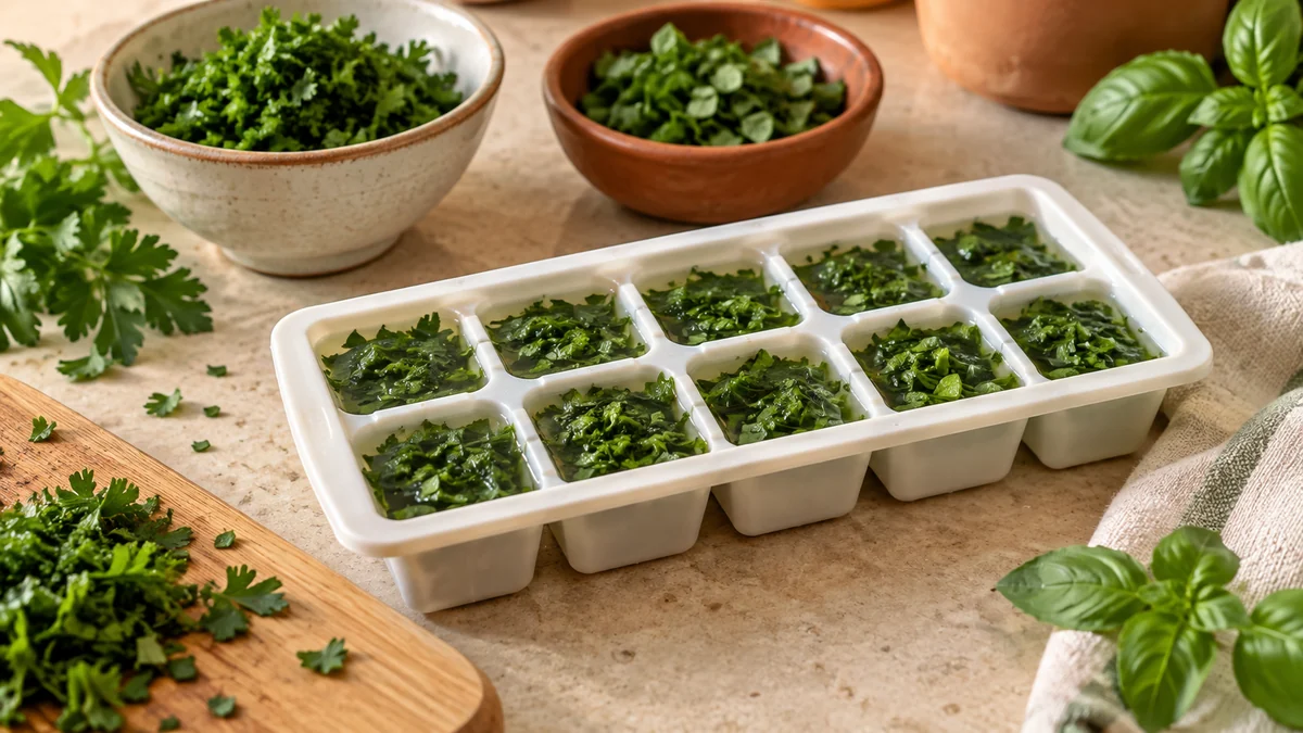 Une étape pratique pour appliquer la méthode du guide « Congeler les herbes aromatiques : brins, feuilles ou petits cubes »